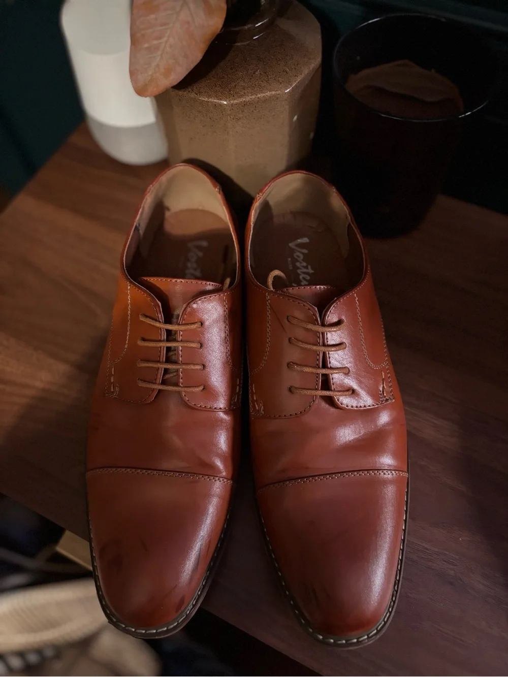 Vostey Men's Cognac Leather Derby Shoes Leather Made in Italy size 11.5